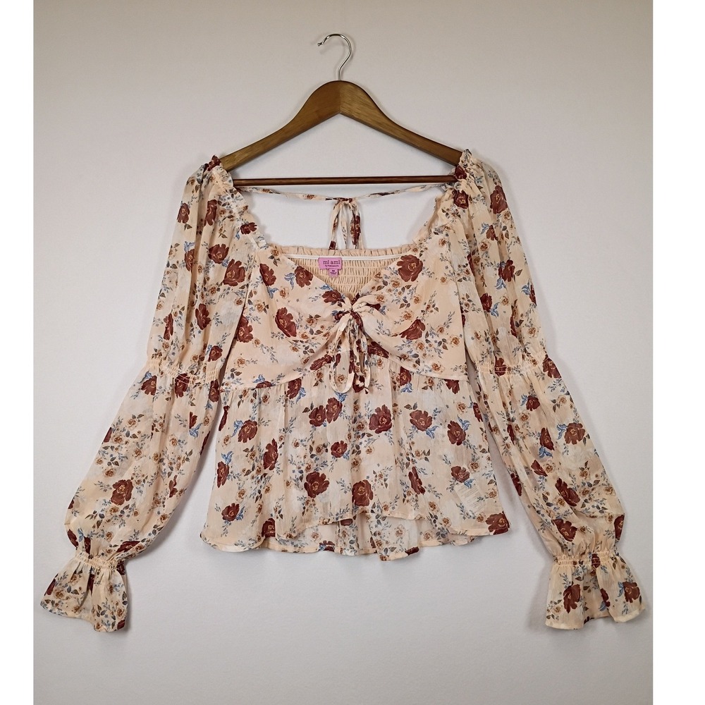 Cottagecore Mi Ami for Francesca's Women Medium Peach Floral Smocked Peplum Top
